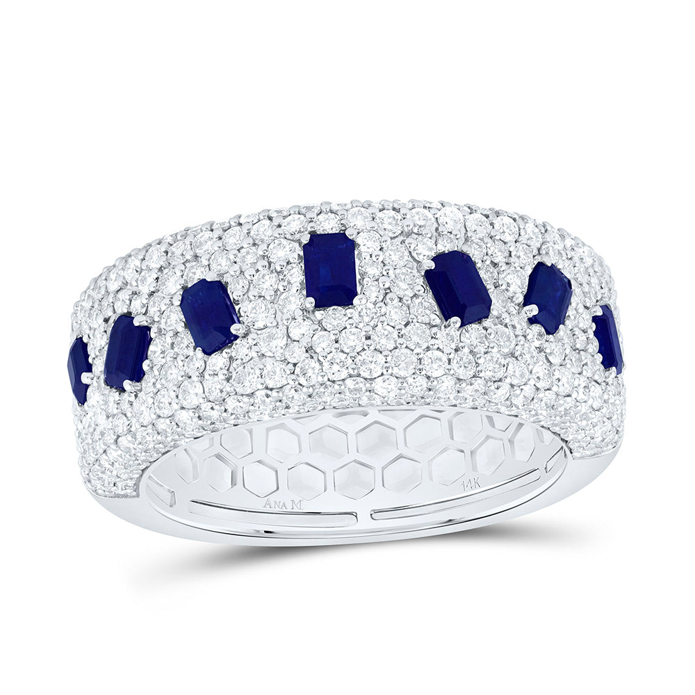 14K White Gold 1 1/2 Cttw Natural Diamond Ana M 3/4 Cttw Emerald Blue Sapphire Natural Gem Band