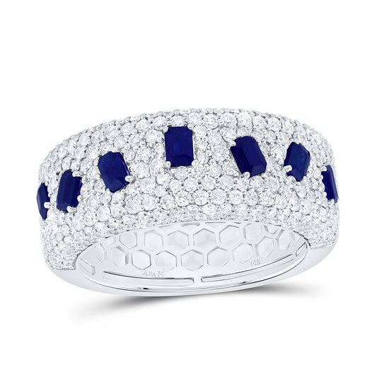14K White Gold 1 1/2 Cttw Natural Diamond Ana M 3/4 Cttw Emerald Blue Sapphire Natural Gem Band
