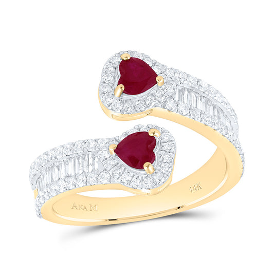14K Yellow Gold 7/8Ctw Natural Diamond Ana M 4Mm Heart Ruby Natural Gem Heart Cuff Ring