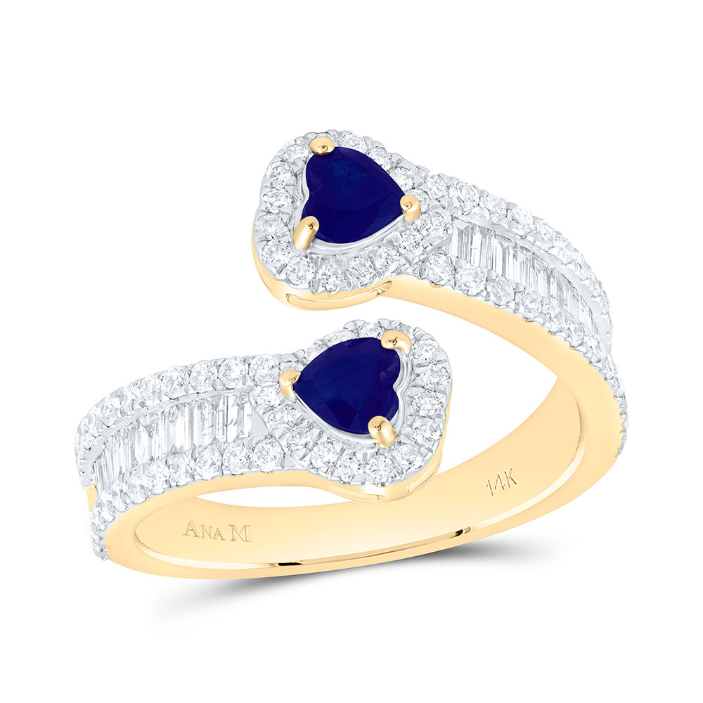14K Yellow Gold 7/8Ctw Natural Diamond Ana M 4Mm Heart Ruby Natural Gem Heart Cuff Ring