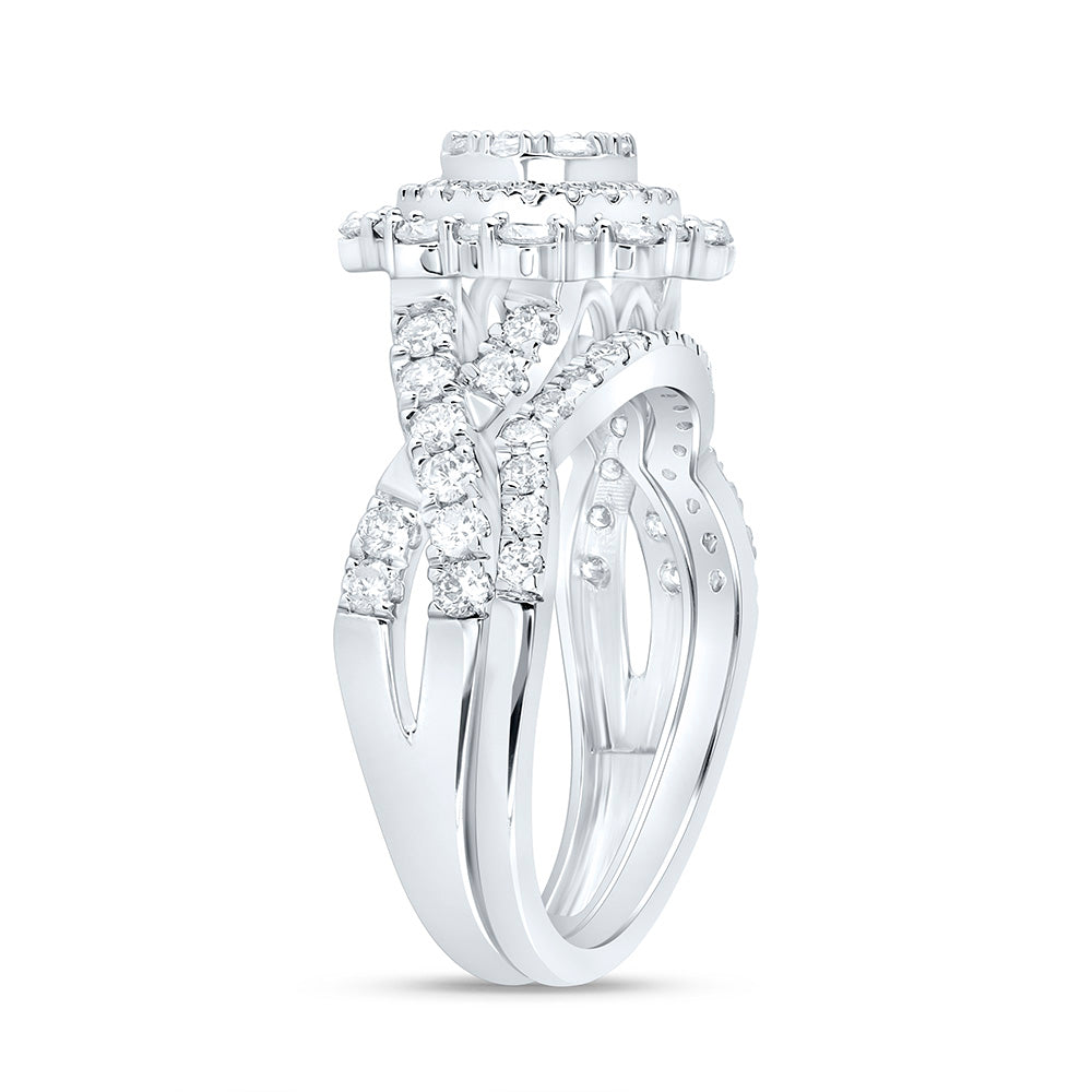 14K White Gold 1 1/5Ctw Natural Diamond Fashion Double Halo Bridal Set