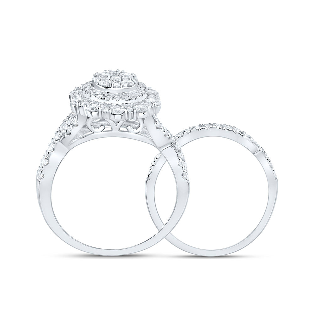 14K White Gold 1 1/5Ctw Natural Diamond Fashion Double Halo Bridal Set