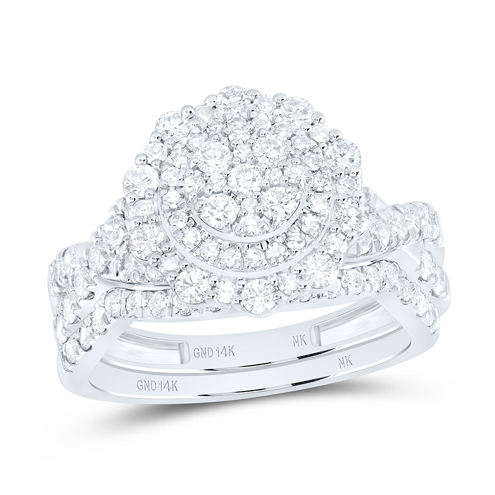 14K White Gold 1 1/5Ctw Natural Diamond Fashion Double Halo Bridal Set
