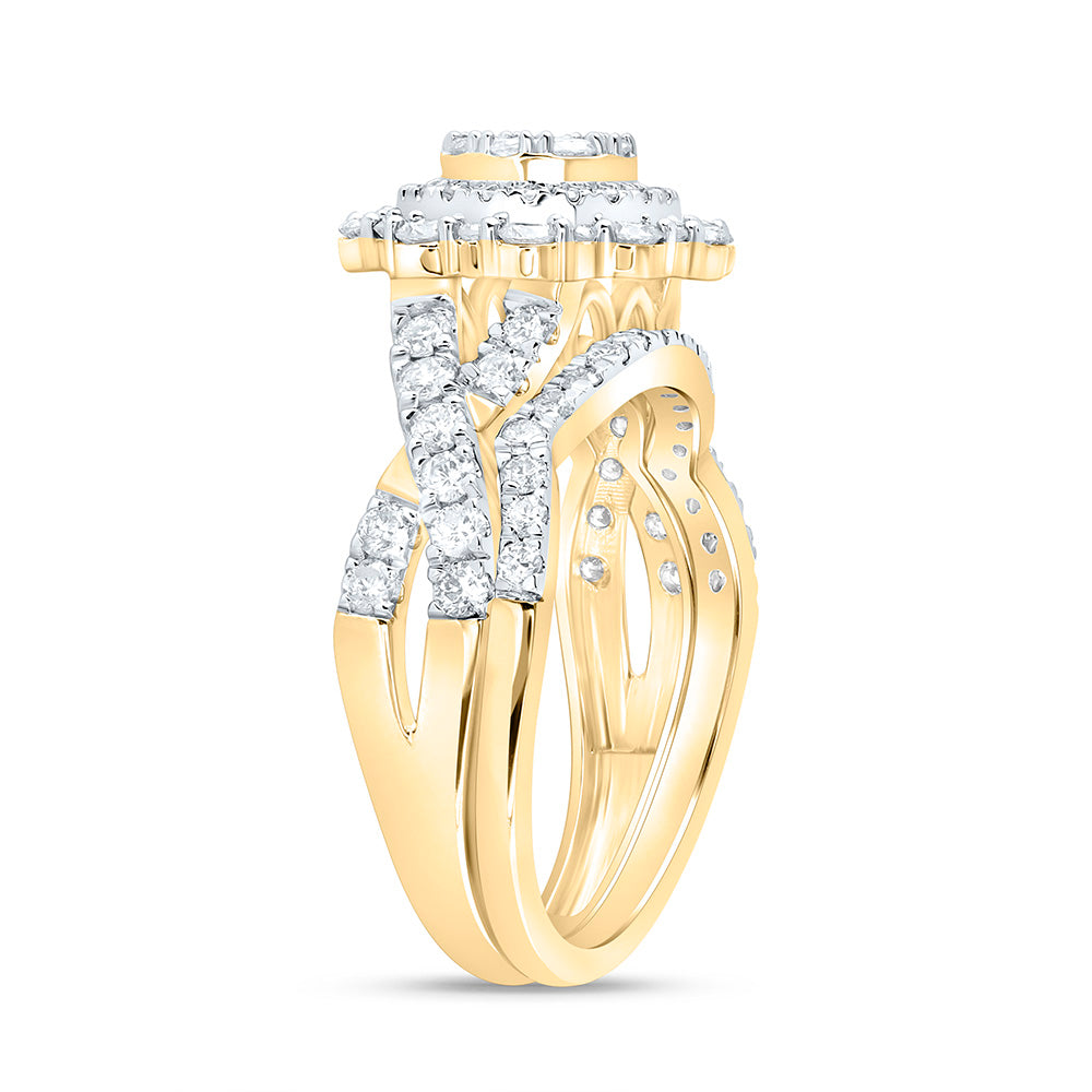 14K White Gold 1 1/5Ctw Natural Diamond Fashion Double Halo Bridal Set