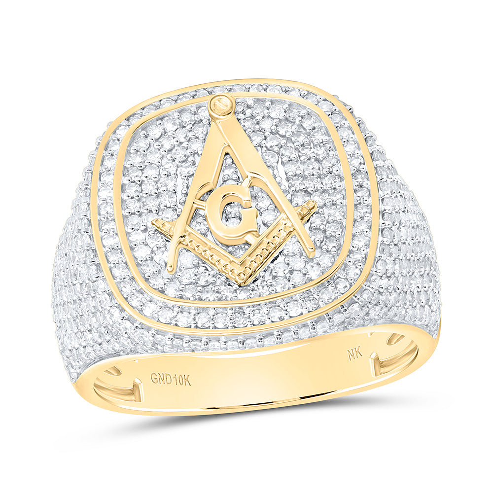10K Yellow Gold 1 5/8Ctw Natural Diamond Massonic Cushion Mens Ring