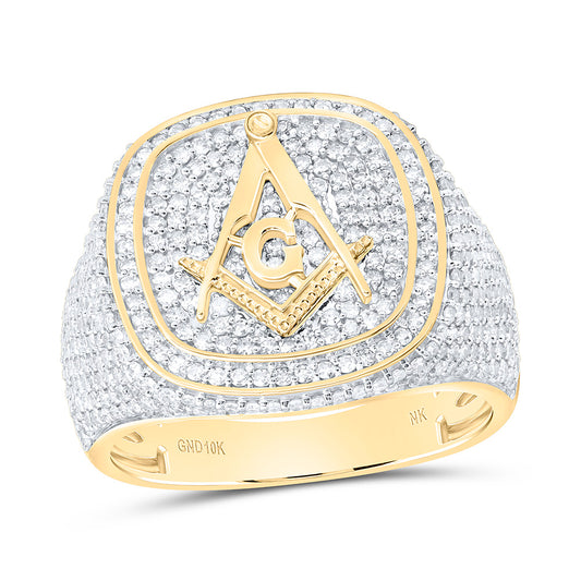 10K Yellow Gold 1 5/8Ctw Natural Diamond Massonic Cushion Mens Ring
