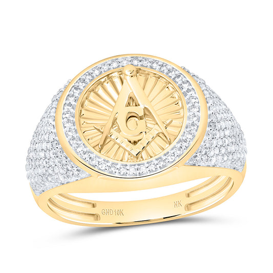 10K Yellow Gold 3/4Ctw Natural Diamond Massonic Round Mens Ring