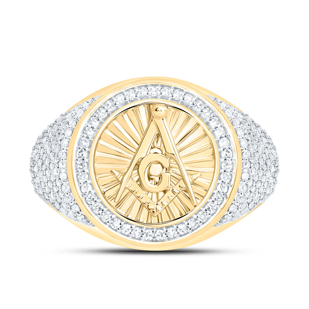 10K Yellow Gold 3/4Ctw Natural Diamond Massonic Round Mens Ring