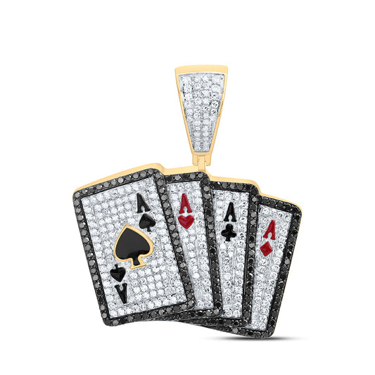10K Yellow Gold 1 7/8Ctw Natural Diamond Round Black Diamond Ace Card Mens Charm