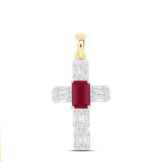 14K Yellow Or White Gold 1/3Ctw Natural Diamond Ana M 6X4Mm Emerald Natural Gem Cross Pendant