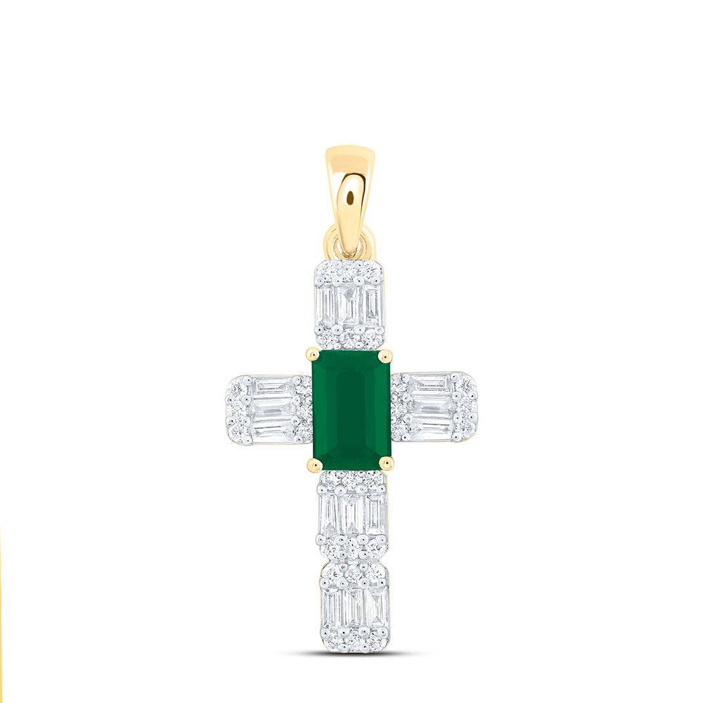 14K Yellow Or White Gold 1/3Ctw Natural Diamond Ana M 6X4Mm Emerald Natural Gem Cross Pendant