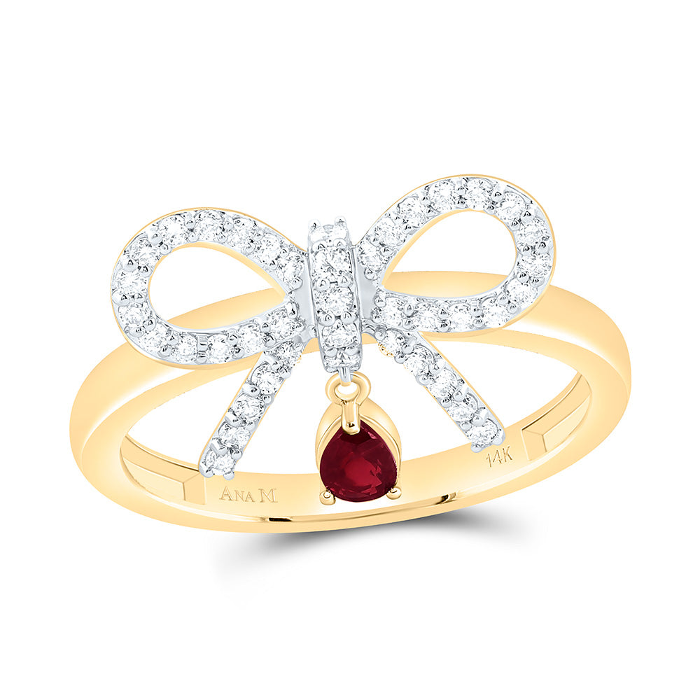 14K Yellow Gold 1/3Ctw Natural Diamond Ana M 4X3Mm Pear Ruby Natural Gem Bow Ring