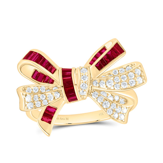 14K Yellow Gold 3/8Ctw Natural Diamond Ana M 1/3Ct Baguette Ruby Natural Gem Bow Ring