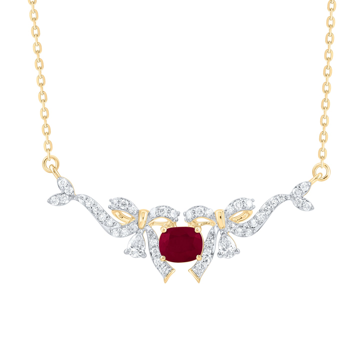 14K Yellow Gold 1/3Ctw Natural Diamond Ana M 5X4Mm Cushion Natural Gem Bow Necklace(18 Inch)