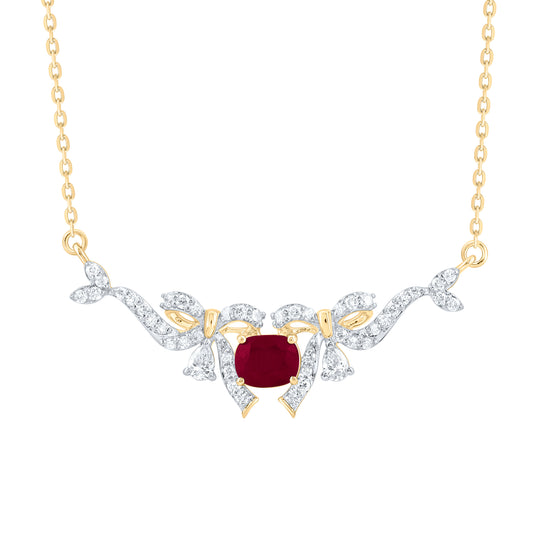 14K Yellow Gold 1/3Ctw Natural Diamond Ana M 5X4Mm Cushion Natural Gem Bow Necklace(18 Inch)