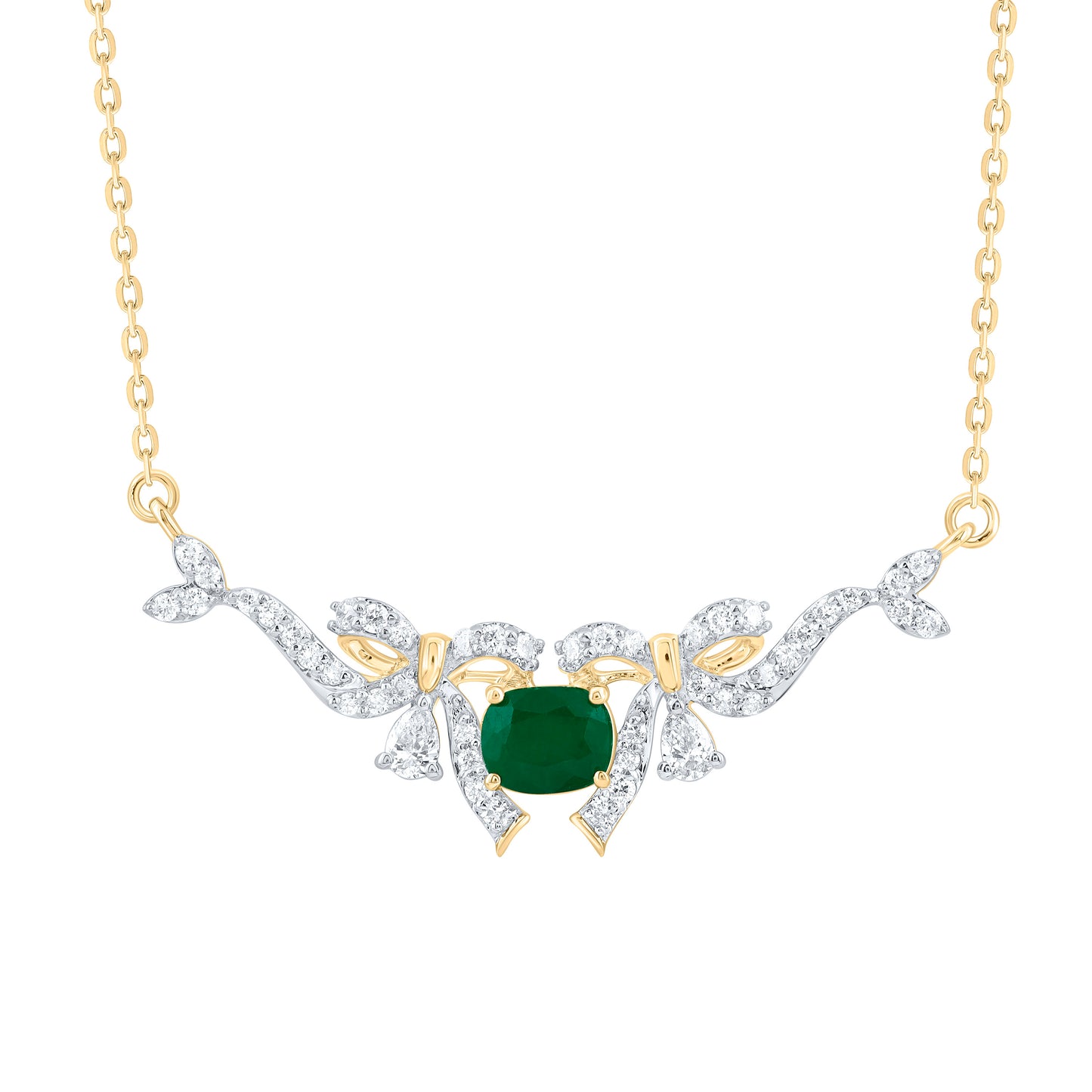 14K Yellow Gold 1/3Ctw Natural Diamond Ana M 5X4Mm Cushion Natural Gem Bow Necklace(18 Inch)