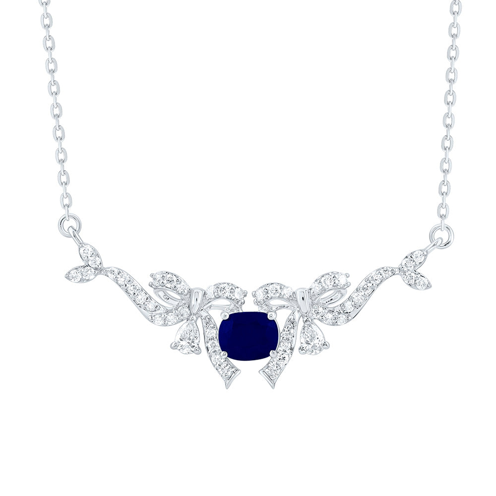 14K Yellow Gold 1/3Ctw Natural Diamond Ana M 5X4Mm Cushion Natural Gem Bow Necklace(18 Inch)