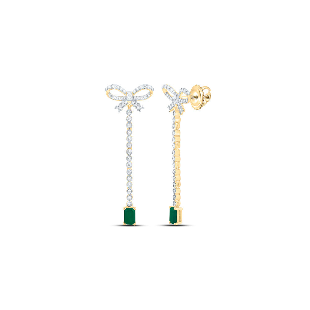 14K Yellow Or White Gold 3/4Ctw Natural Diamond Ana M 6X4Mm Emerald Natural Gem Bow Dangling Earring
