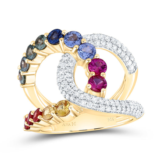 14K Yellow Gold 3/4Ctw Natural Diamond Ana M 2 1/5Ct Round Natural Gem Multi Clr Sapphire Ring