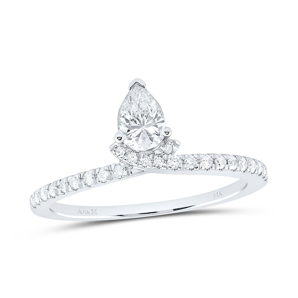 14K White Gold 5/8Ctw Natural Diamond Ana M 1/2Ct Center Pear Fashion Pear Ring