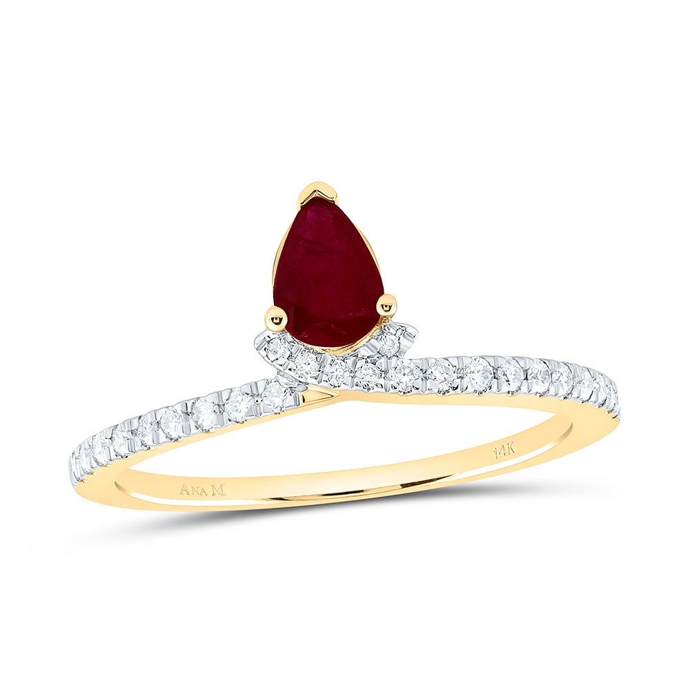 14K Yellow Gold 1/6Ctw Natural Diamond Ana M 6X4Mm Pear Ruby Natural Gem Pear Ring