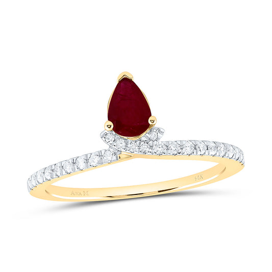14K Yellow Gold 1/6Ctw Natural Diamond Ana M 6X4Mm Pear Ruby Natural Gem Pear Ring