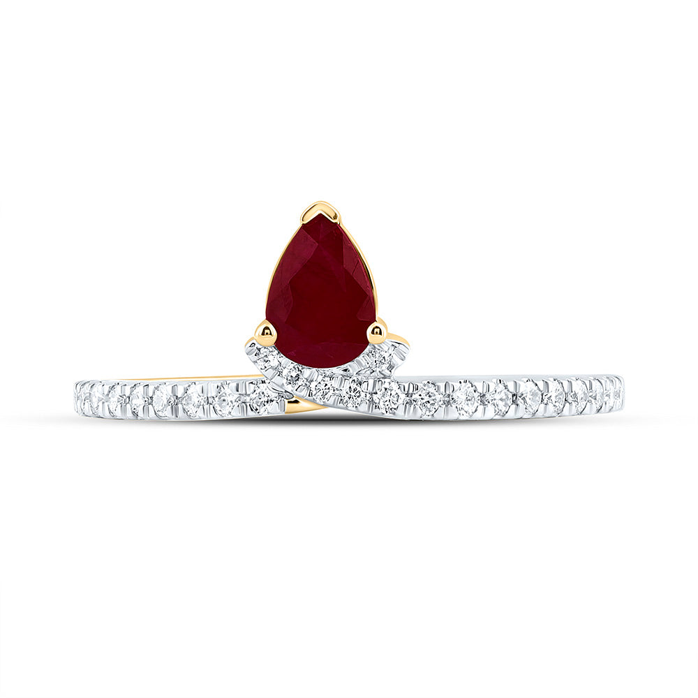 14K Yellow Gold 1/6Ctw Natural Diamond Ana M 6X4Mm Pear Ruby Natural Gem Pear Ring