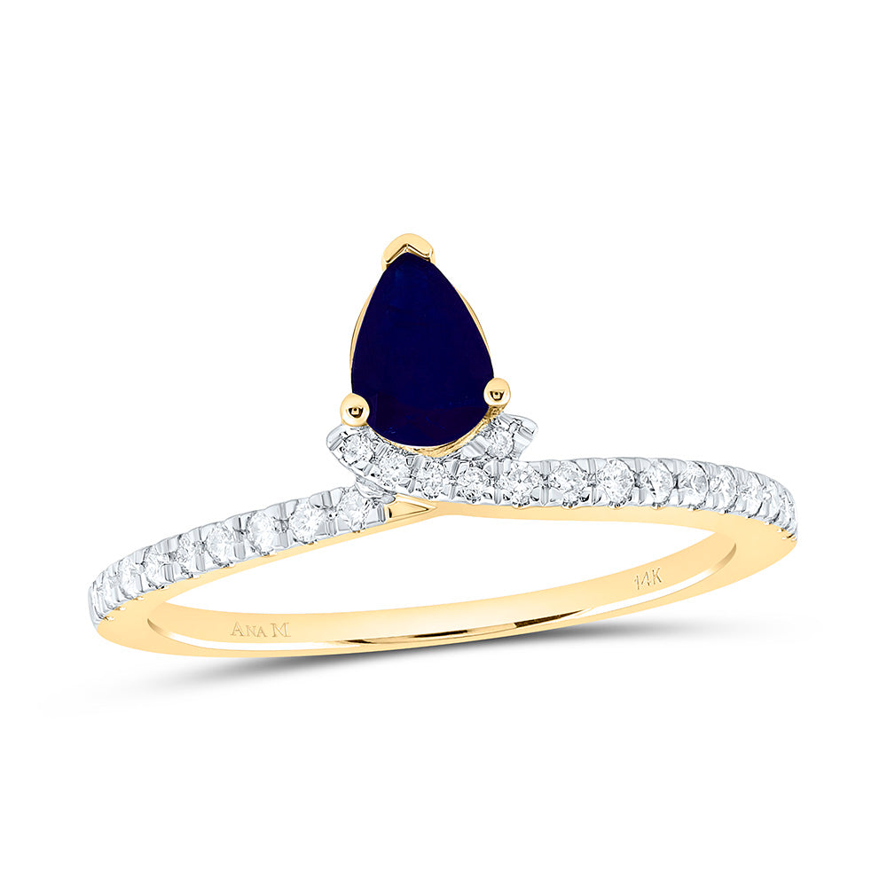 14K Yellow Gold 1/6Ctw Natural Diamond Ana M 6X4Mm Pear Blue Sapphire Natural Gem Pear Ring