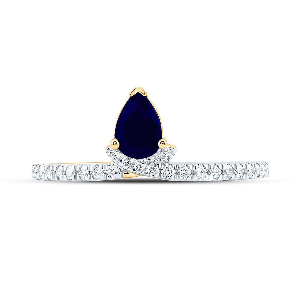 14K Yellow Gold 1/6Ctw Natural Diamond Ana M 6X4Mm Pear Blue Sapphire Natural Gem Pear Ring