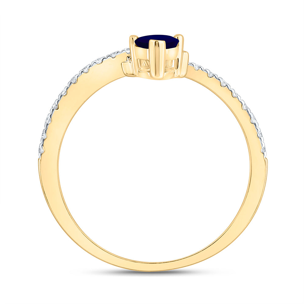 14K Yellow Gold 1/6Ctw Natural Diamond Ana M 6X4Mm Pear Blue Sapphire Natural Gem Pear Ring