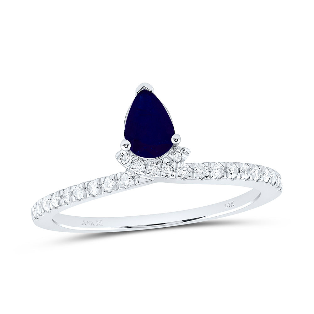 14K Yellow Gold 1/6Ctw Natural Diamond Ana M 6X4Mm Pear Blue Sapphire Natural Gem Pear Ring