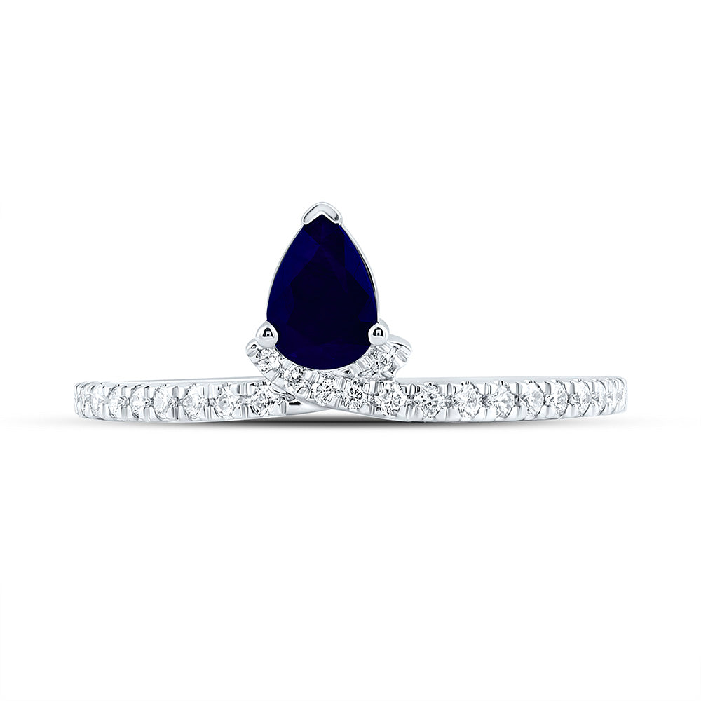 14K Yellow Gold 1/6Ctw Natural Diamond Ana M 6X4Mm Pear Blue Sapphire Natural Gem Pear Ring