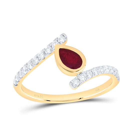 14K Yellow Gold 1/3Ctw Natural Diamond Ana M 6X4Mm Pear Ruby Natural Gem Pear Ring