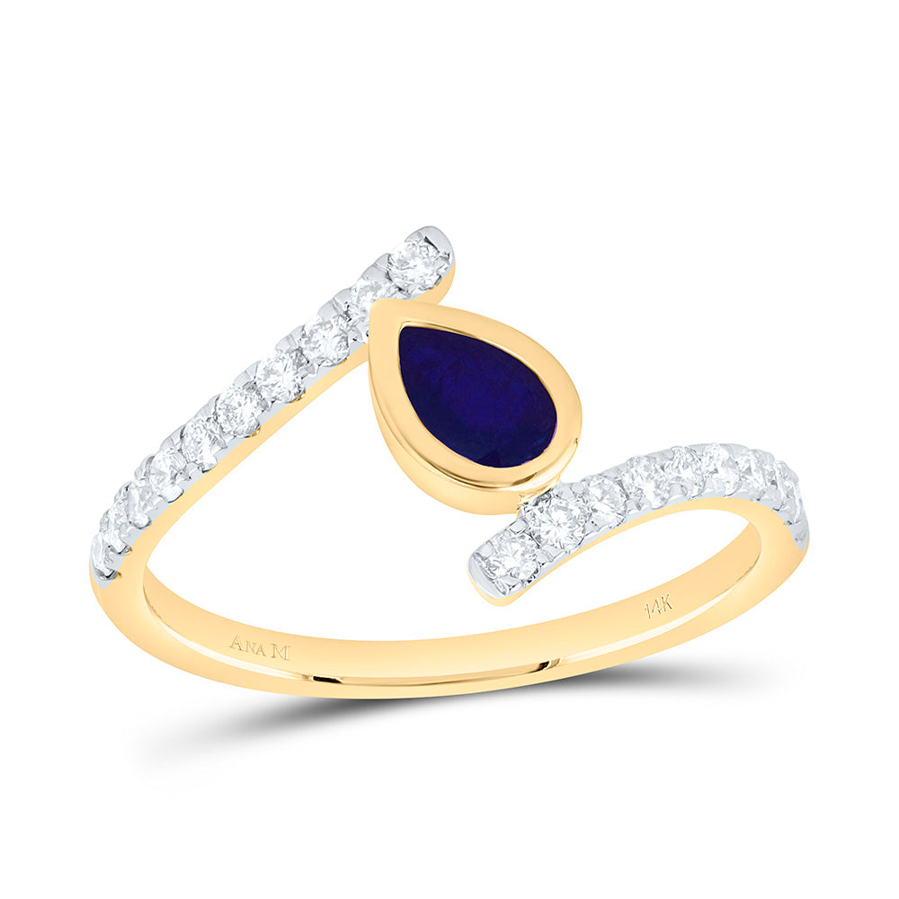 14K Yellow Gold 1/3Ctw Natural Diamond Ana M 6X4Mm Pear Blue Sapphire Natural Gem Pear Ring
