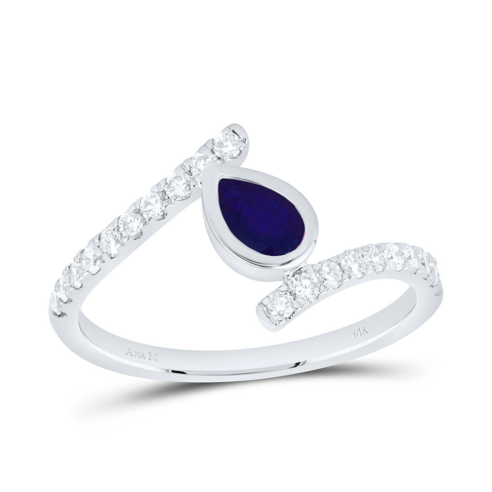 14K Yellow Gold 1/3Ctw Natural Diamond Ana M 6X4Mm Pear Blue Sapphire Natural Gem Pear Ring