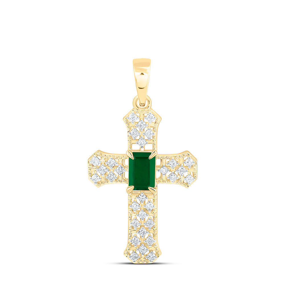 14K Yellow Or White Gold 1/4Ctw Natural Diamond Ana M 6X4Mm Emerald Natural Gem Cross Pendant