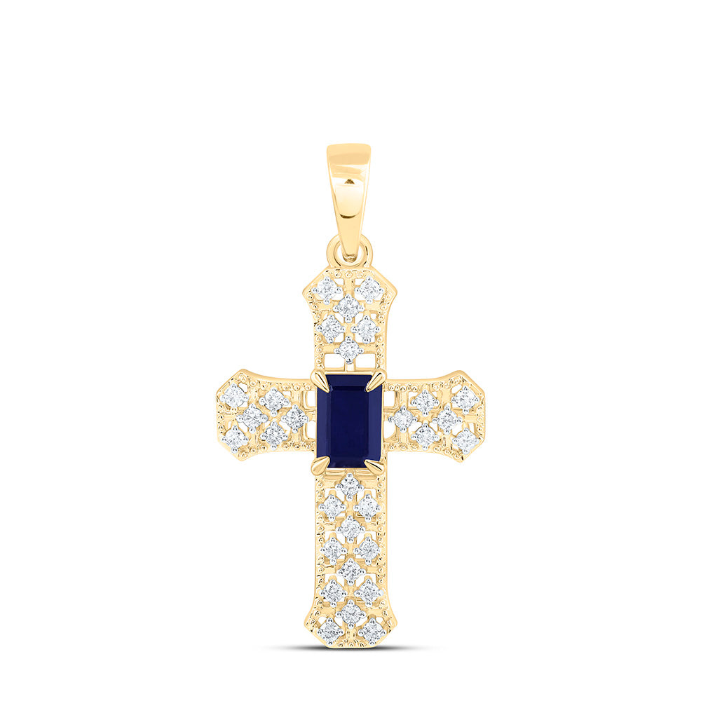 14K Yellow Or White Gold 1/4Ctw Natural Diamond Ana M 6X4Mm Emerald Natural Gem Cross Pendant