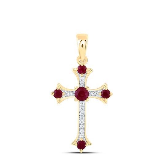 14K Yellow Or White Gold 1/12Ctw Natural Diamond Ana M 3/8Ct Round Natural Gem Cross Pendant