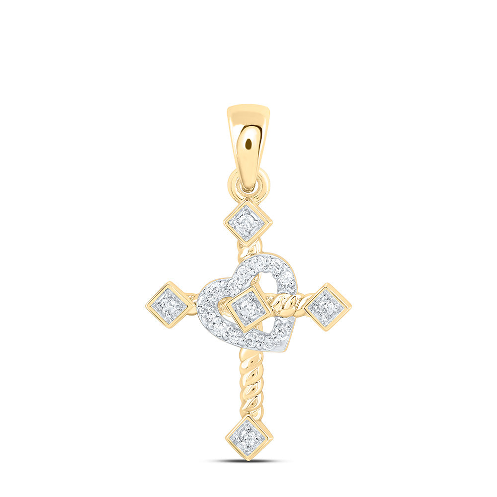 10K Yellow Or White Gold 1/10Ctw Natural Diamond Cn Gift Heart Cross Pendant