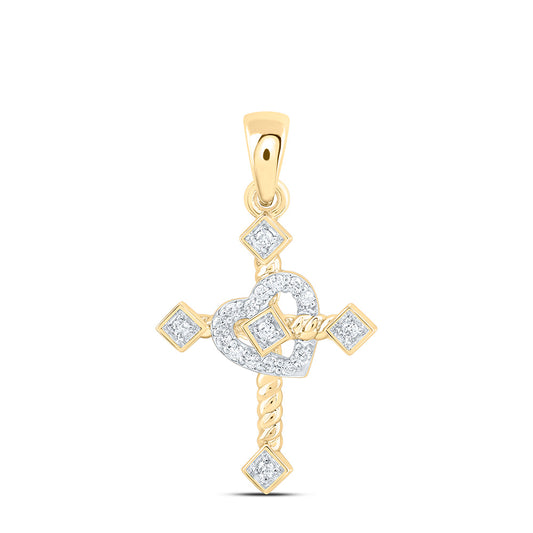 10K Yellow Or White Gold 1/10Ctw Natural Diamond Cn Gift Heart Cross Pendant
