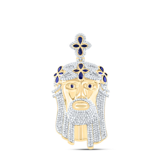 10K Yellow Gold 1 7/8Ctw Natural Diamond 3/8 Cttw Maquise Blue Sapphire, 7/8 Cttw Pear Blue Sapphire, 1/20 Ct Round Blue Sapphire Gem Jesus Face Mens Charm