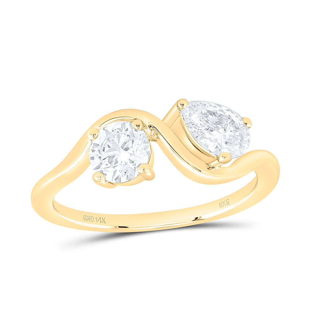 14K Yellow Gold 1Ctw Natural Diamond Ij-Si Fashion 1/2Ct Center Round, 1/2Ct Center Pear Round Pear 2 Stone Ring