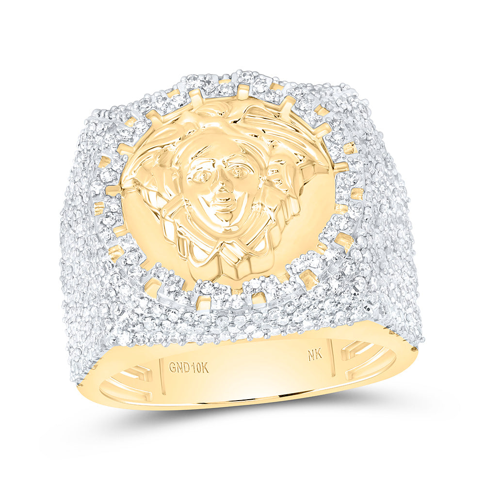 10K Yellow Gold 1 3/8Ctw Natural Diamond Medusa Mens Ring