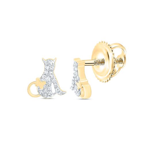 10K Yellow Gold 1/10Ctw Natural Diamond Gift Cat Earring