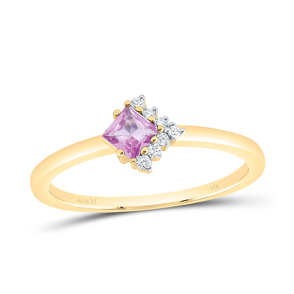 14K Yellow Gold 1/20Ctw Natural Diamond Ana M 3.50Mm Princess Pink Sapphire Natural Gem Ring