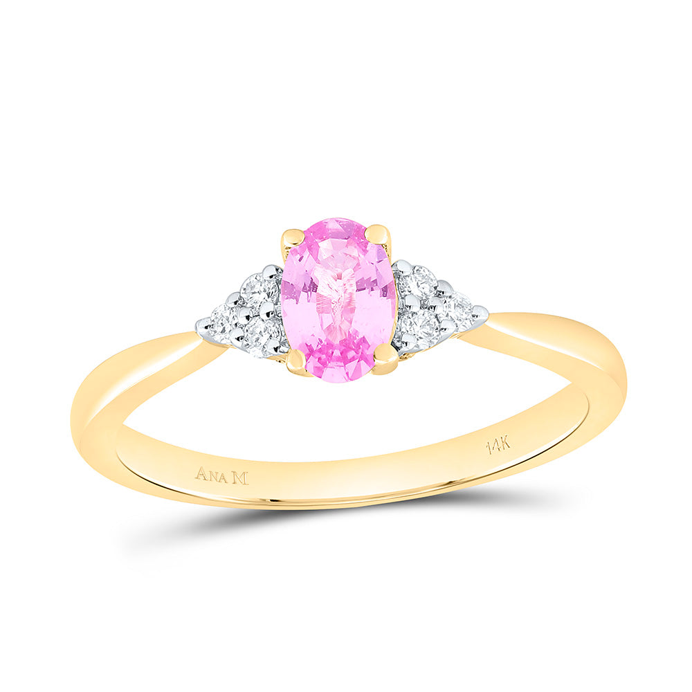 14K Yellow Gold 1/10Ctw Natural Diamond Ana M 6X4Mm Oval Pink Sapphire Natural Gem Oval Ring