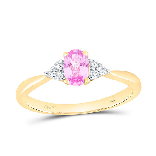 14K Yellow Gold 1/10Ctw Natural Diamond Ana M 6X4Mm Oval Pink Sapphire Natural Gem Oval Ring