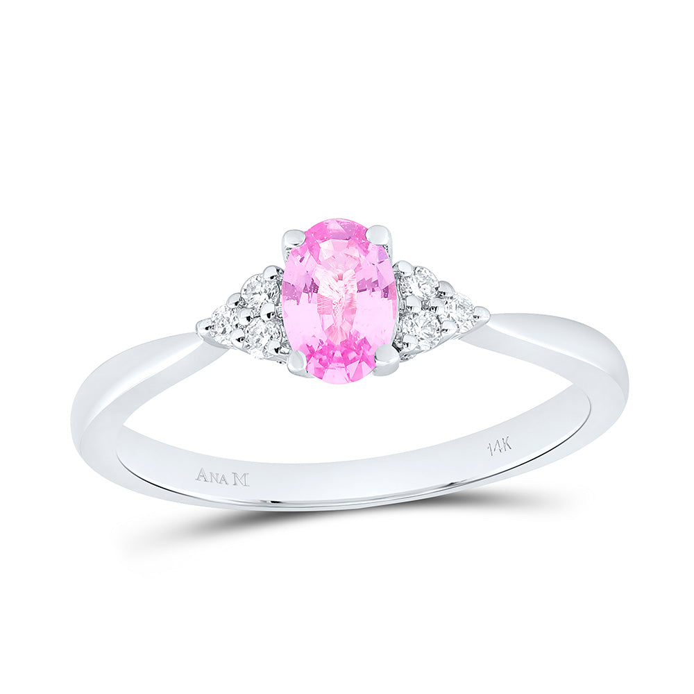 14K Yellow Gold 1/10Ctw Natural Diamond Ana M 6X4Mm Oval Pink Sapphire Natural Gem Oval Ring
