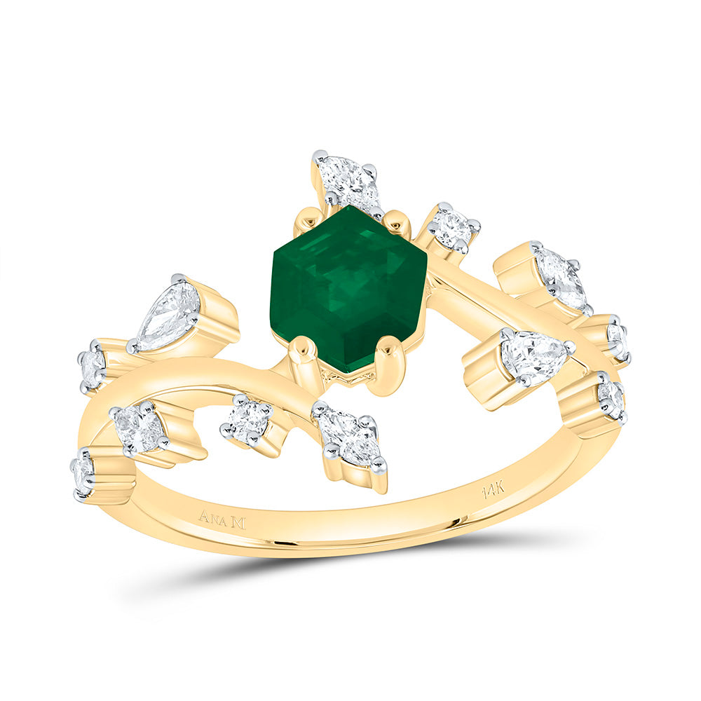 14K Yellow Gold 1/3Ctw Natural Diamond Ana M 6.5X5.6Mm Hexagon Emerald Natural Gem Ring
