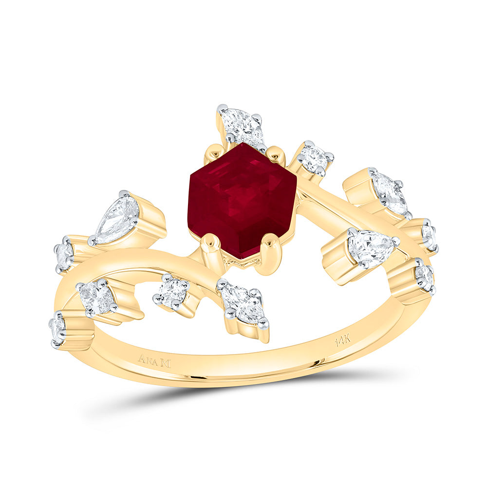 14K Yellow Gold 1/3Ctw Natural Diamond Ana M 6.5X5.6Mm Hexagon Emerald Natural Gem Ring